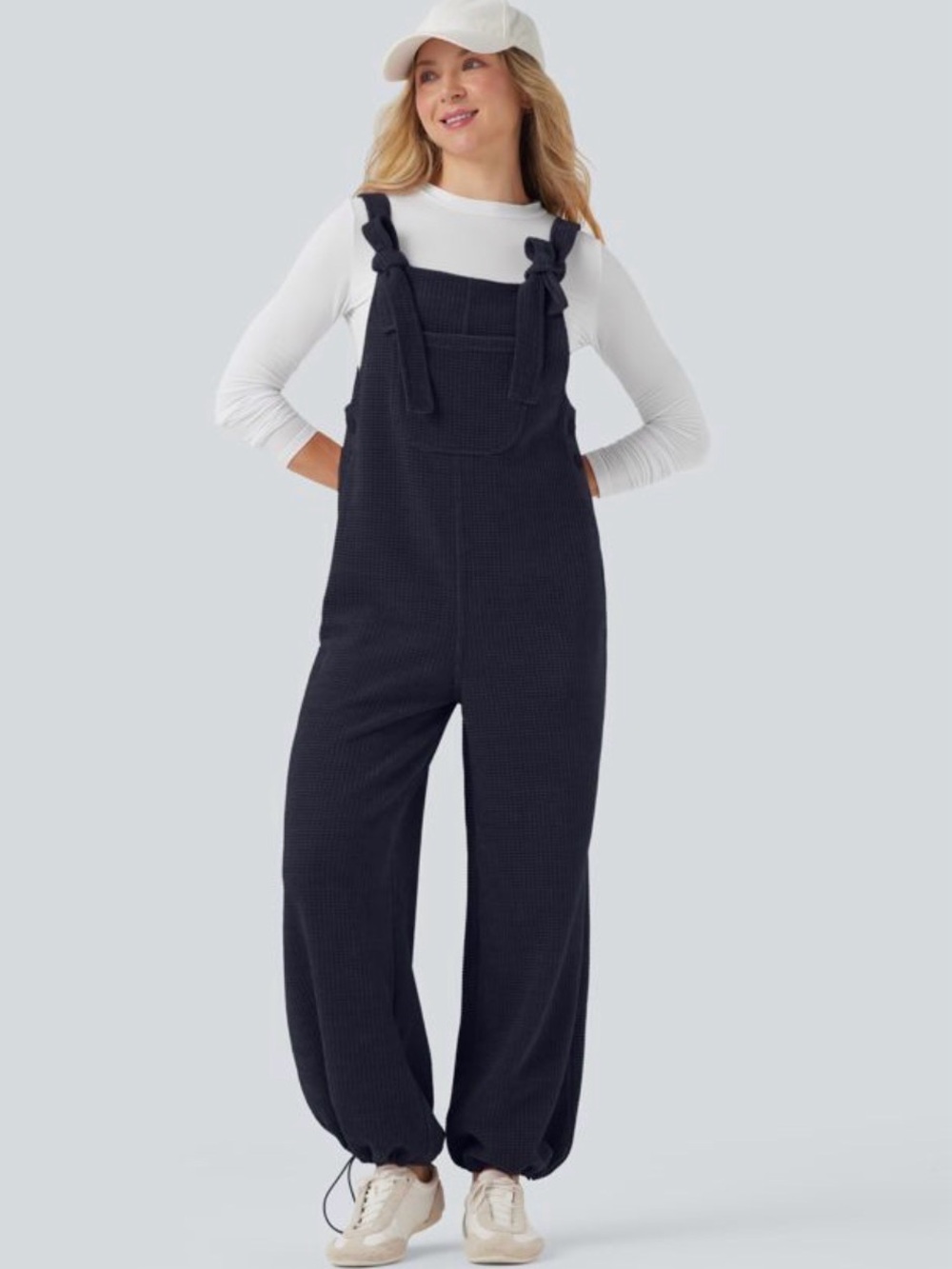 HALARA Navy Knit Tie-Shoulder Overalls Jumpsuit